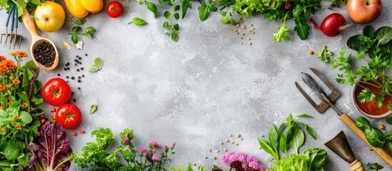 Sticker - Top view of a spring gardening arrangement displayed on a neutral background with various organic vegetables, fruits, and gardening tools, incorporating copy space for additional elements.