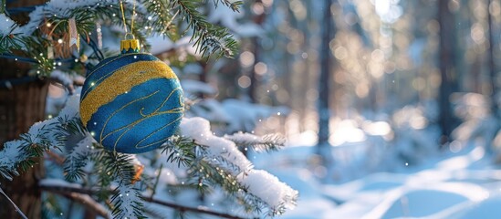 Poster - A blue and yellow Christmas ball with tinsel is hanging on a real pine tree in a snow-covered forest on a sunny day, creating a festive card with copy space image for New Year's greetings.