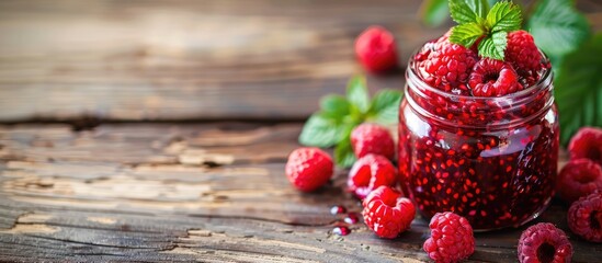 Poster - Picture of raspberry jam in a glass jar displayed on a rustic wooden table, with ample space for additional text or graphics.
