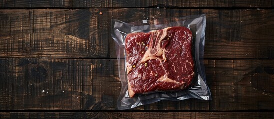 Poster - A large, tempting club steak is displayed in vacuum packaging on a rustic dark wooden table background, providing copy space for imagery.