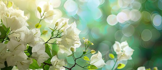 Aufkleber - White bougainvillea flowers adorn the image with ample copy space to create a peaceful and elegant aesthetic.