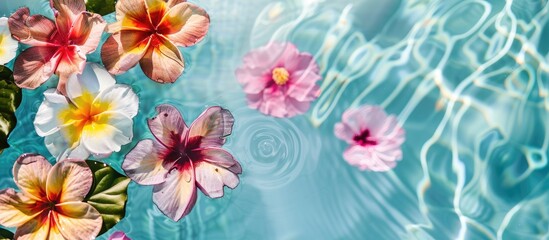Poster - A serene spa setting with vibrant flowers floating in a clear pool, providing a peaceful ambiance for relaxation, a romantic outing, or rejuvenating skincare, all against a serene copy space image.