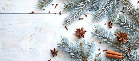 Aufkleber - A festive setting with a blue fir tree branch, wooden cut, cinnamon sticks on a white wooden backdrop for a Christmas card, with space for custom text or images.