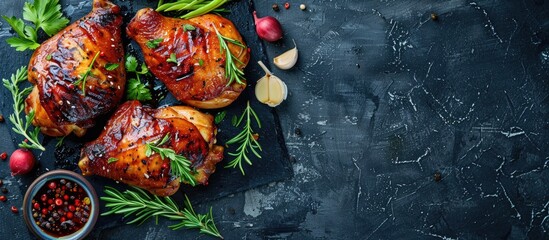 Poster - Asian-style marinated chicken with honey, garlic, soy sauce, herbs, and veggies on copy space image.