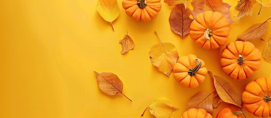 Poster - Thanksgiving-themed flat lay composition featuring decorative orange pumpkins and dried leaves on a yellow background for greeting card with copy space image.