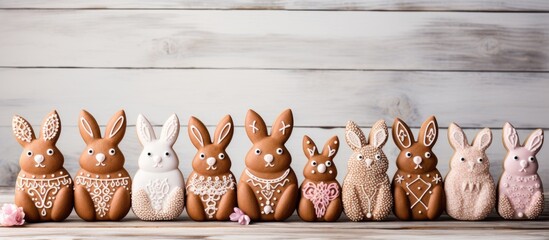 Aufkleber - Gingerbread eggs and rabbits with sugar glaze displayed on a light wooden backdrop providing a charming copy space image.