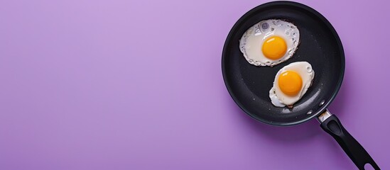 Aufkleber - Top view of a creative minimal style food concept featuring two eggs in a pan on a violet background with a square crop, ideal for a copy space image.