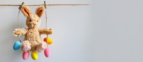 Poster - Easter-themed card featuring vibrant colors, Happy Easter greetings, and an Easter bunny held up by a jute string and a laundry clip. Displayed against a white backdrop with copy space image.