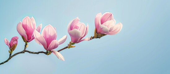 Aufkleber - Close-up of beautiful pink Magnolia stellata flowers on a branch with a light blue background, perfect for a copy space image.