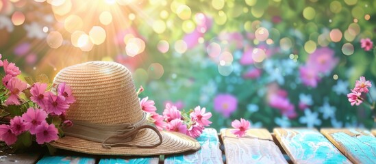 Sticker - A straw hat and flowers rest on a wooden work desk against a spring-themed background, creating an attractive copy space image.