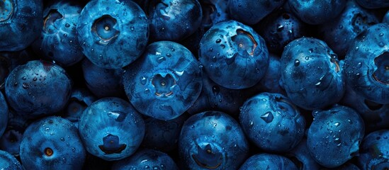 Poster - Background of fresh blueberries with available copy space image for text, focusing on vegan and vegetarian themes, showcasing a detailed macro view of the blueberries' texture.