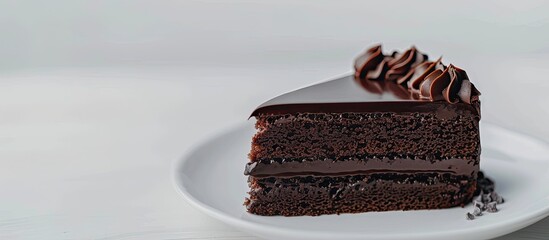 Poster - Chocolate cake concept rolling on a white plate providing a backdrop for copy space image