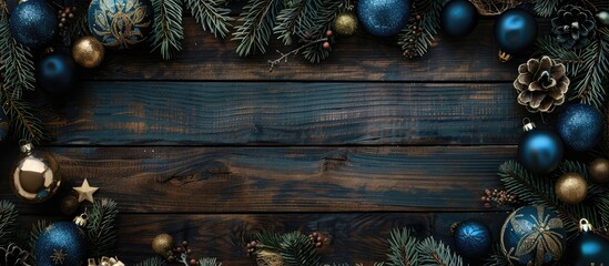 Poster - Top view shot of a Christmas themed border banner with dark blue and gold ornaments tree branches and an old wood background suitable for adding copy space image