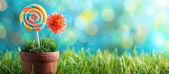 Aufkleber - Spring concept depicted with a candy lollipop flower placed in a flowerpot surrounded by grass creating a cheerful scene with copy space image