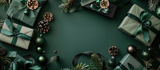 Aufkleber - Top view flat lay Christmas background featuring gift boxes ribbons and decorations in green and black colors Overhead shot with copy space image
