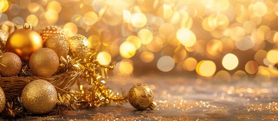Poster - Luxurious golden Christmas decoration with shiny balls and garlands displayed in a basket on a sparkling golden bokeh light background perfect for copy space images