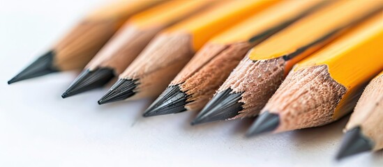 Poster - Leadership concept depicted with row of pencils in close up view on white background with copy space image