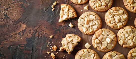 Fototapete - Top view of homemade white chocolate chunk cookies on a brown textured background with copy space image for a flat lay composition