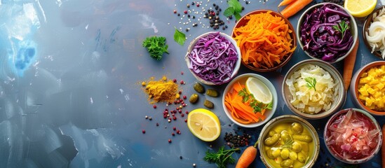 Aufkleber - A variety of fermented foods like sauerkraut red cabbage pickles carrots and preserved lemons displayed on a bright backdrop with available copy space image