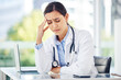 © peopleimages.com - Doctor, sad woman or migraine with stress or crisis in hospital office for medical test results. Headache, mental breakdown or exhausted healthcare worker frustrated by burnout, anxiety or fatigue
