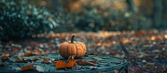 Wall Mural - A pumpkin sits on a garden table surrounded by leaves and foliage blending into a beautiful blurred natural landscape evoking a cozy autumn mood Ideal as a seasonal copy space image