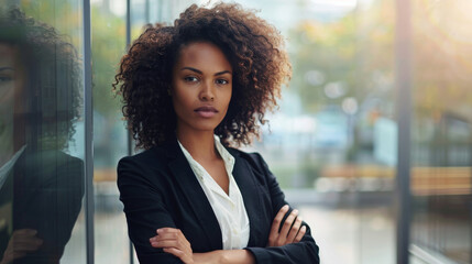 Wall Mural - A woman with curly hair is standing in front of a glass wall