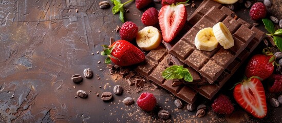 Poster - Delicious wafer with a combination of cocoa strawberry and banana excellent for a dessert displayed in a copy space image