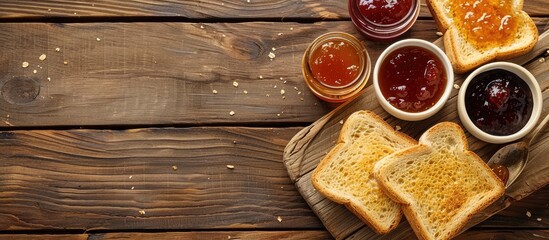 Fototapete - Wooden desk with toast and a variety of jams creating an appetizing scene with copy space image