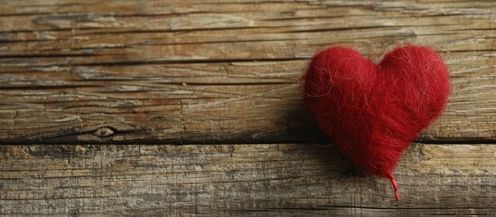 Poster - Handmade red heart crafted from felt resting on a wooden table creating a charming blank for greeting cards with ample copy space image