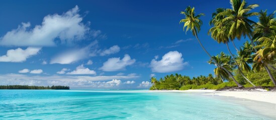 Poster - Copy space image of a serene tropical island landscape featuring palm trees white sandy beaches clear turquoise waters and a blue sky at Cook Islands in the South Pacific