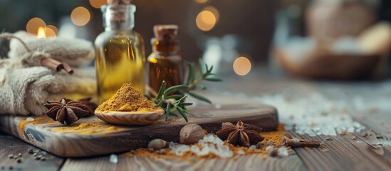 Poster - Arranged ingredients and spices for aromatherapy and body care on a wooden surface in a spa themed still life with a copy space image