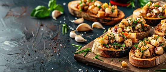 Fototapete - Delicious garlic toasts featuring homemade appetizers shown in the copy space image