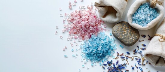 Poster - Spa items like blue and pink sea salt sea stones and herbal pouches for massage set against a clean white backdrop perfect for a copy space image