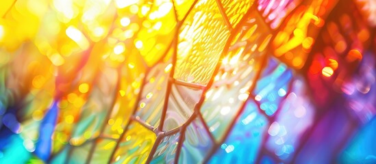 Wall Mural - Blurry abstract background featuring sunlit stained glass with vibrant colors perfect for copy space image