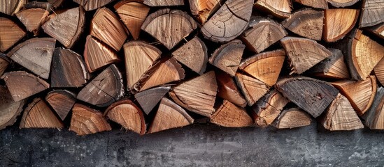 Poster - Chopped oak firewood arranged in a rustic setting with a natural background perfect for a copy space image