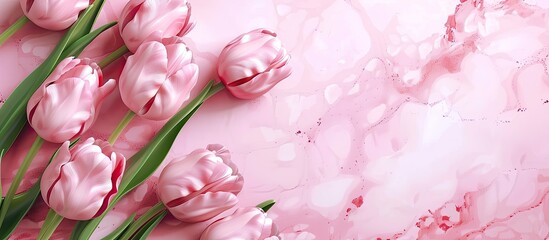 Fototapete - A greeting card with pink tulips suitable for various occasions like birthdays Easter Women s Day Mother s Day It features a floral backdrop with ample copy space image for text perfect for the sprin