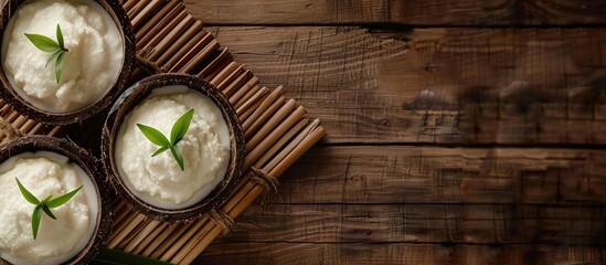 Leinwandbilder - Bamboo mat with ripe coconut topped with cream Ideal text space in the image. with copy space image. Place for adding text or design