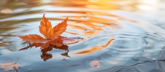 Leinwandbilder - Autumn colored maple leaf floating on the water s surface creating a serene image with copy space