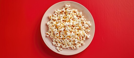 Aufkleber - Close up photo of a plate with popcorn on a red background providing copy space image