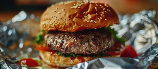 Wall Mural - Close up image of a large beef hamburger in foil packaging with copy space image