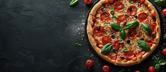 Poster - Top view of homemade pizza on a black background with copy space image