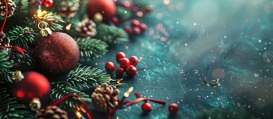 Fototapete - Happy Holidays wishes on a festive background with a Christmas tree decorations and copy space image
