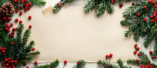 Poster - Festive Christmas background with a blank space for text Seen from above the arrangement includes fir branches red beads and a paper note. with copy space image. Place for adding text or design