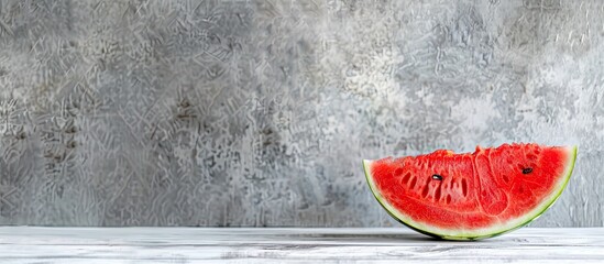 Wall Mural - A half of a delicious ripe red watermelon is placed on a white wooden table with a gray background creating a visually appealing copy space image