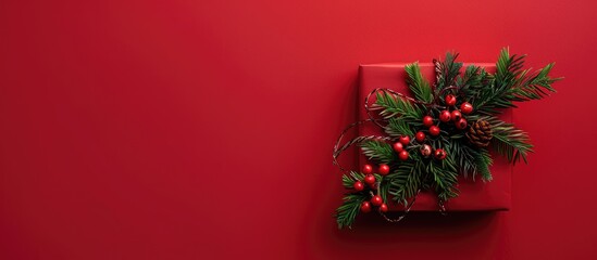 Poster - A Christmas themed gift decorated with green tree branches and red berries on a red background for a flat lay composition including copy space for additional elements