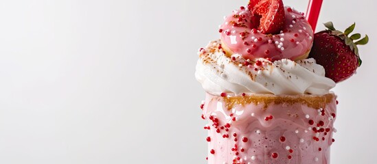 Poster - Valentine s day themed strawberry milkshake topped with whipped cream and a glazed donut set against a white background with available copy space image