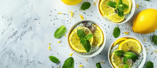 Poster - Chia pudding with yellow fruits and mint on a light rustic tabletop Ideal for a copy space image