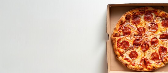 Aufkleber - Close up of a pizza box against a white backdrop with ample copy space image