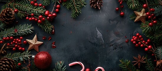 Poster - Overhead view of a festive Christmas arrangement including berries star ornaments candy canes and spruce branches with space for adding text or images. with copy space image