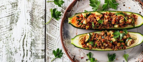 Aufkleber - A plate featuring a zucchini boat filled with meat on a white wooden table with plenty of copy space image